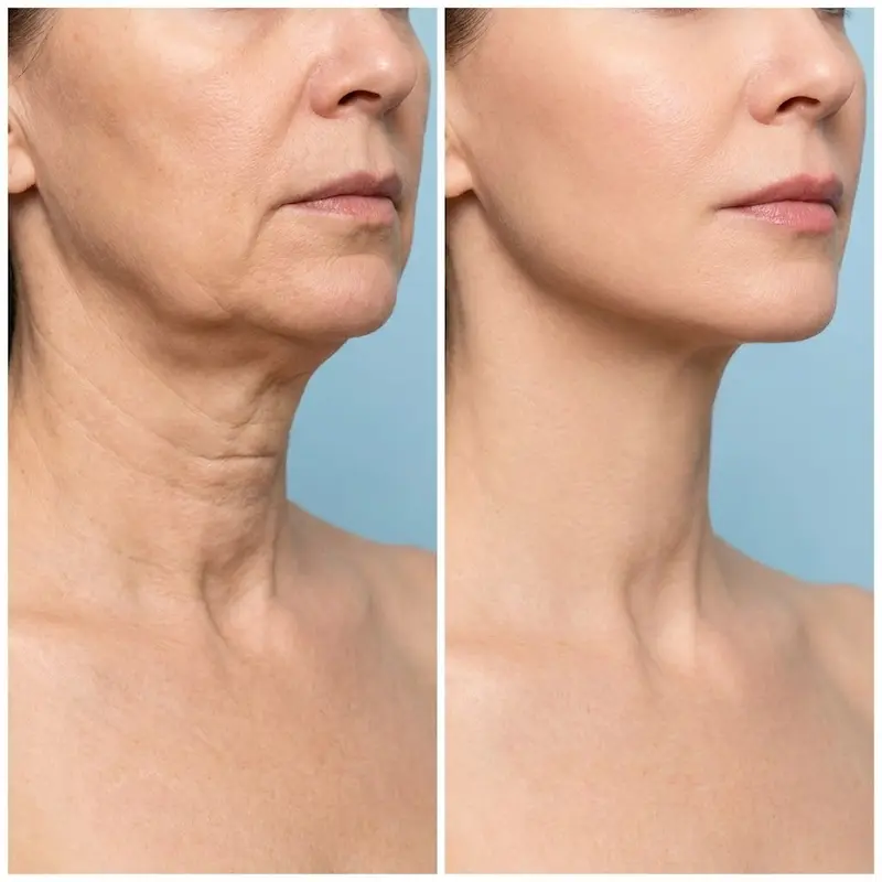 Deep Neck Lift surgery before and after results in Turkey showing defined jawline and sharp neck angle