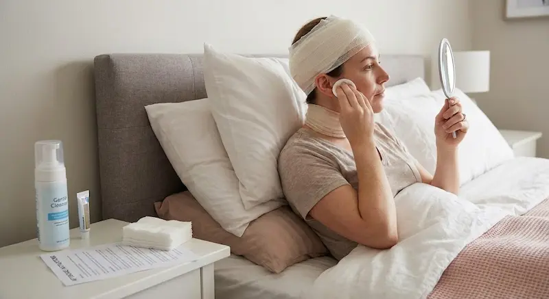 Patient in bed following deep plane facelift aftercare instructions for incision hygiene and maintaining an elevated sleeping position.