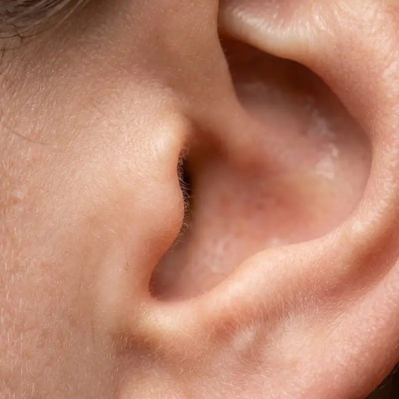 Macro view of a healed ear tragus after deep plane facelift, showing no visible scarring due to the hidden retro-tragal technique.