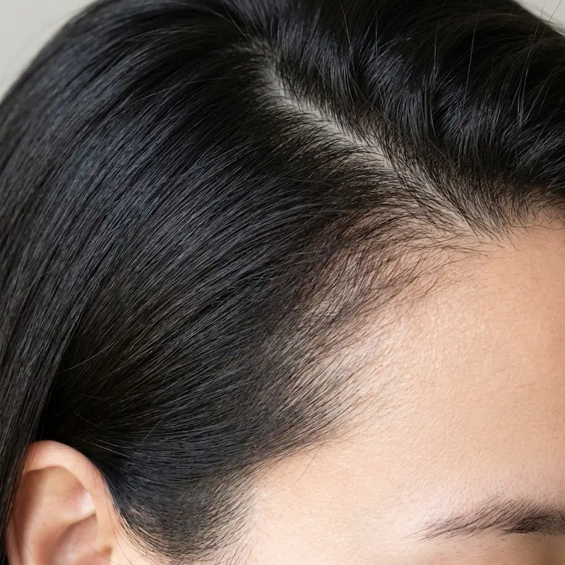 Close-up of healed deep plane facelift temporal incision hidden deep within the hairline, showing natural hair growth.