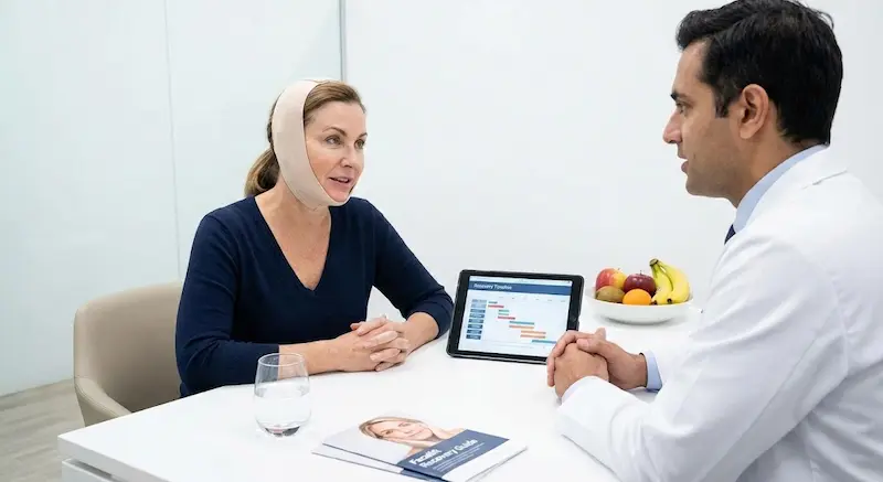 Doctor discussing deep plane facelift recovery steps with a patient in a compression bandage using a timeline chart.