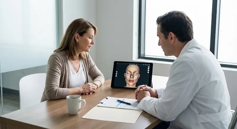 Doctor and patient discussing 3D facial anatomy on a tablet during a facelift consultation and pre-op planning session.