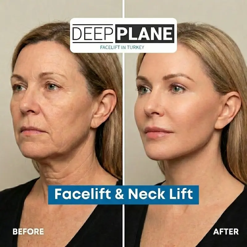 Facelift and necklift surgery before and after results in Turkey showing lower face and neck rejuvenation