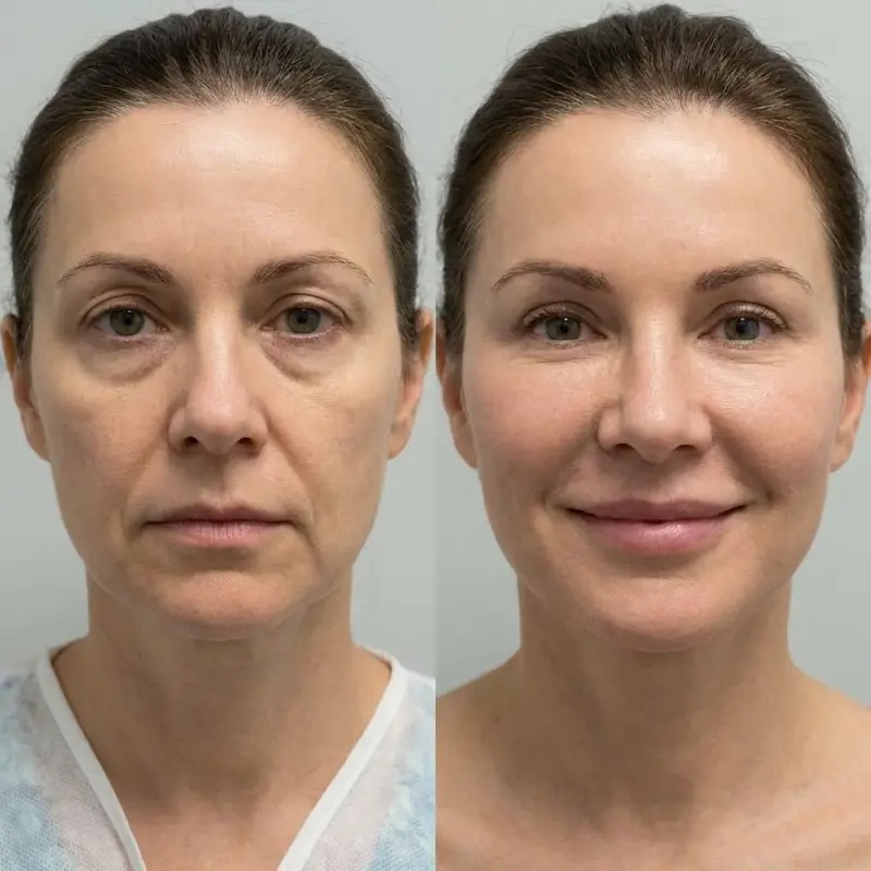 Mid Facelift before and after results in Turkey showing restored cheek volume and reduced nasolabial folds
