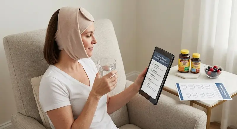 Patient following rapid recovery deep plane facelift protocols including hydration and nutrition checklist on a tablet at home.