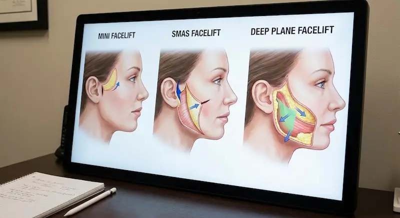 Plastic surgeon using a chart to explain the technique differences between SMAS vs Deep Plane vs Mini Facelift to a patient.
